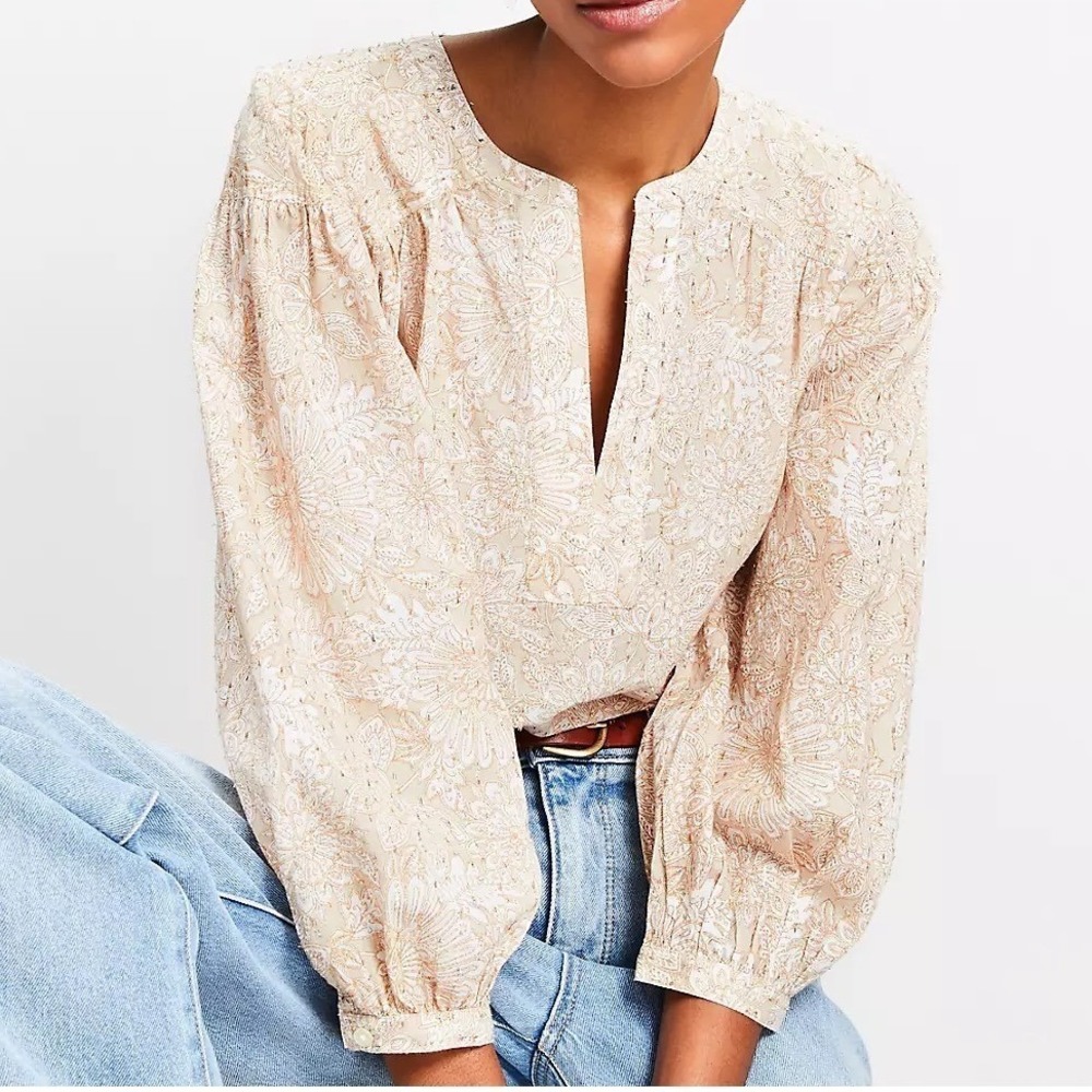Loft Tan &‎ Metallic Shimmer Gold Split Neck Boho Flowy Long Sleeve Blouse Med